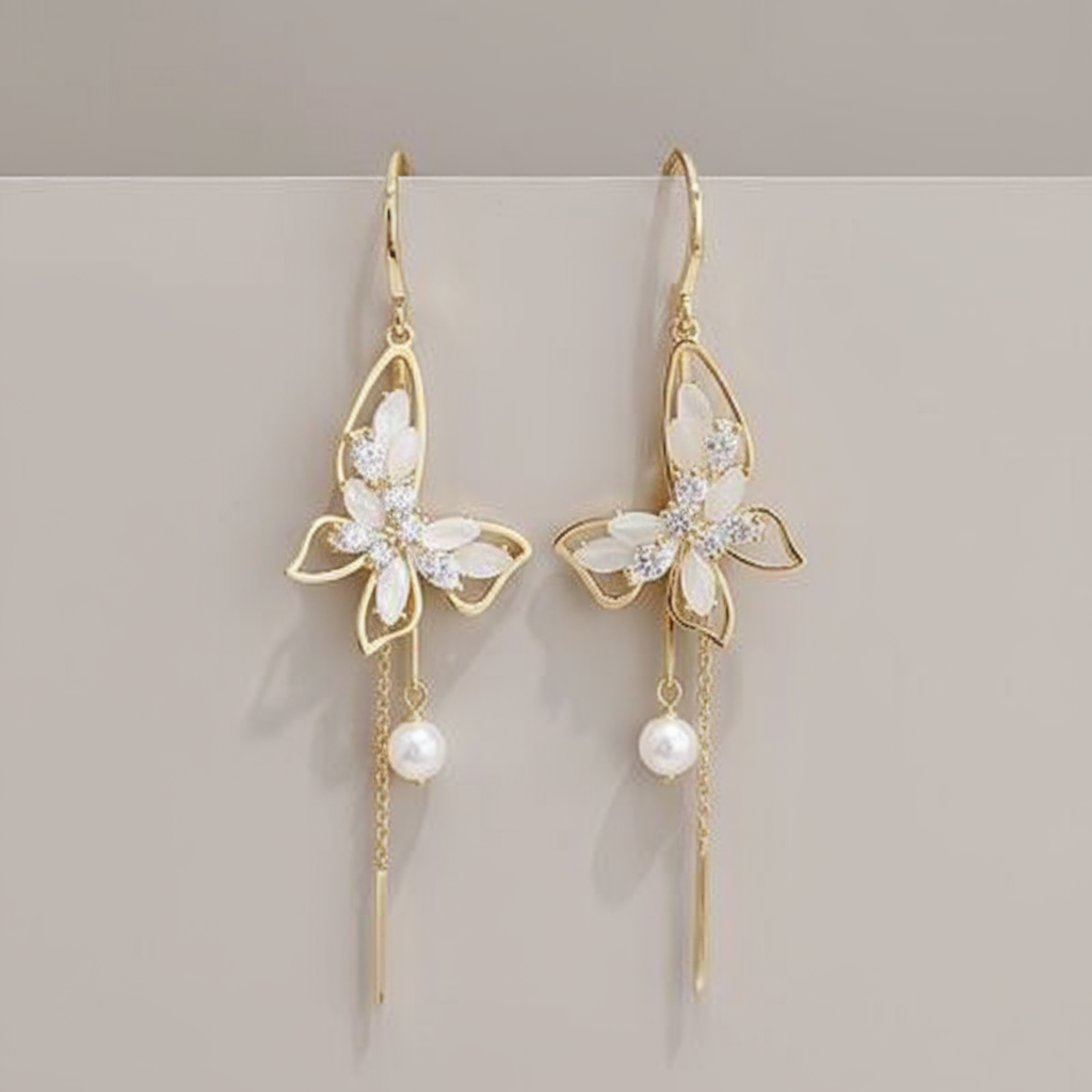 Korean Earring  Women Gold-Plated Butterfly Designed Crystal Studded Drop Earrings
