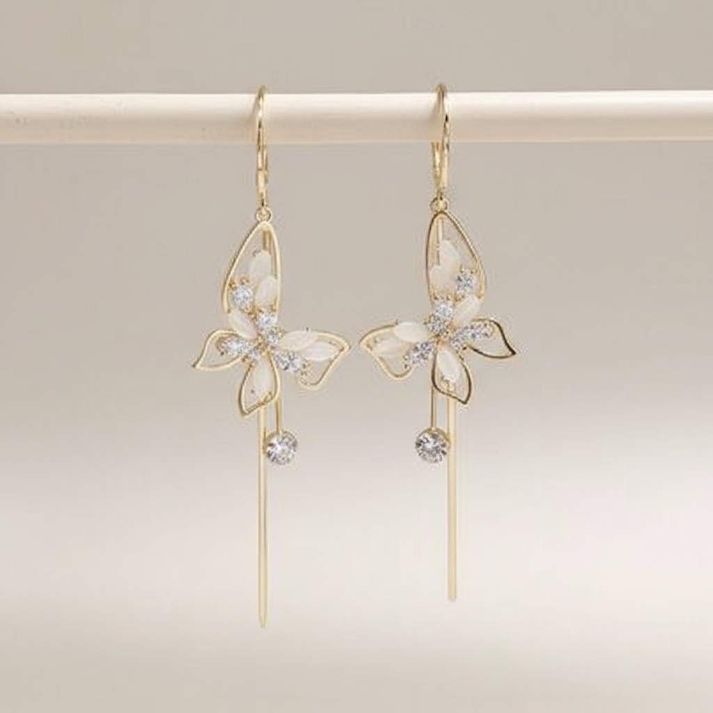 Korean Earring  Women Gold-Plated Butterfly Designed Crystal Studded Drop Earrings