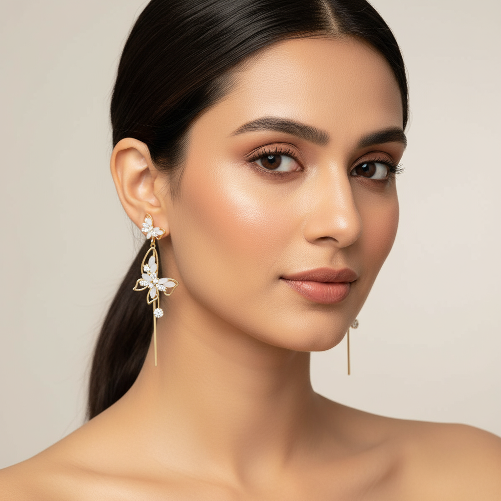 Korean Earring  Women Gold-Plated Butterfly Designed Crystal Studded Drop Earrings